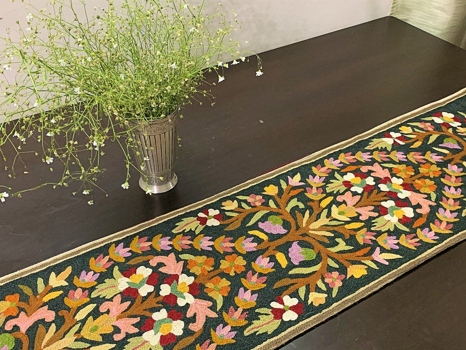 IndicHues Handmade Hand Embroidered With Wool Thread Crewel Work 1x4 feet Table Runner From Kashmir