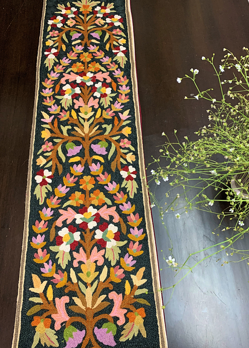 IndicHues Handmade Hand Embroidered With Wool Thread Crewel Work 1x4 feet Table Runner From Kashmir