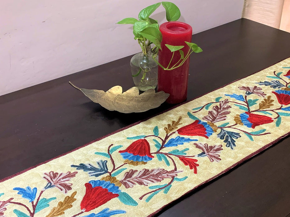 IndicHues Embroidered With Silk Thread Crewel Work Table Runner From Kashmir
