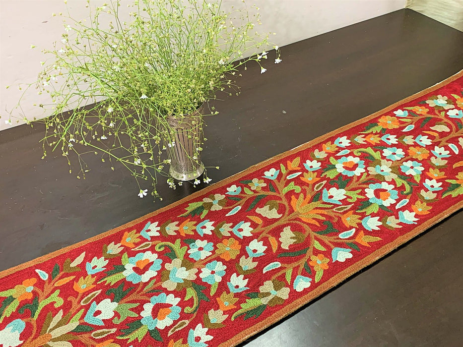 IndicHues Handmade Hand Embroidered With Wool Thread Crewel Work 1x4 feet Table Runner From Kashmir