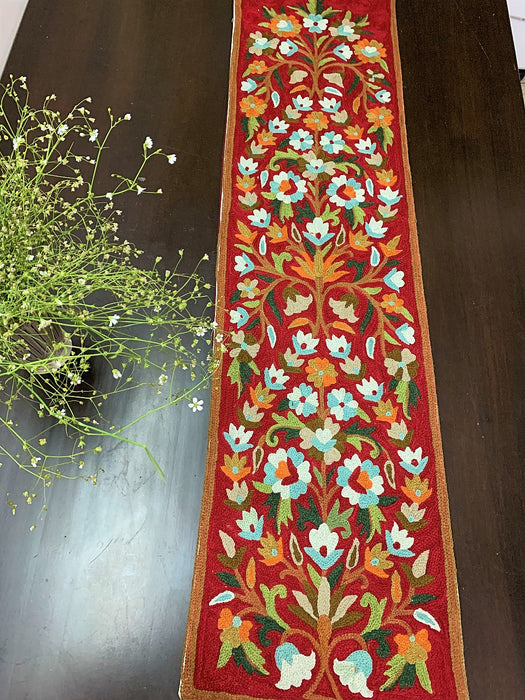 IndicHues Handmade Hand Embroidered With Wool Thread Crewel Work 1x4 feet Table Runner From Kashmir
